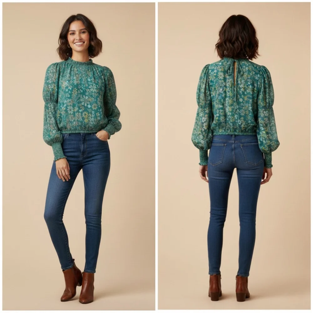 Free People Clarissa Floral Smocked Blouse Green Long Puff Sleeve Size XL